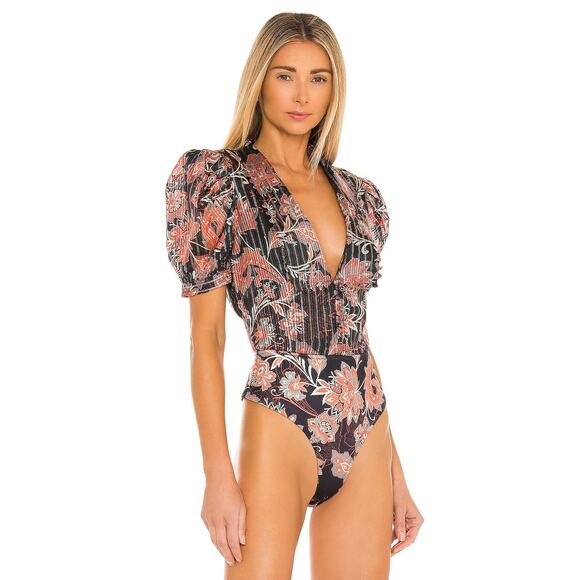 Hemant & Nandita x REVOLVE Zoie Bodysuit Women’s M Black Floral V-Neck black - Picture 2 of 16